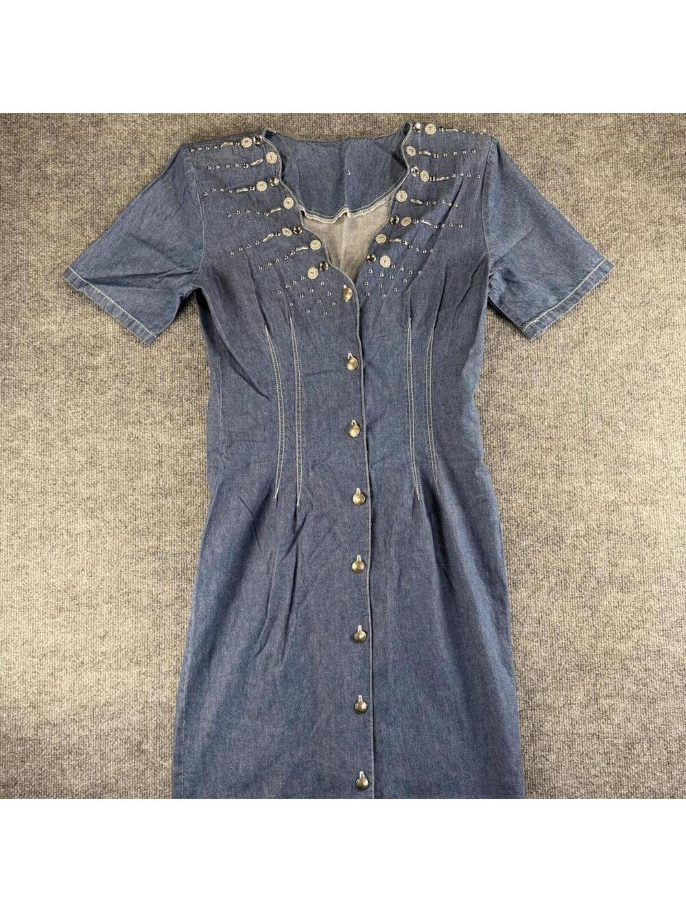 Vintage Denim Button-Up Dress Studded Bedazzled‎ Buffalo Buttons - Retro Prairie